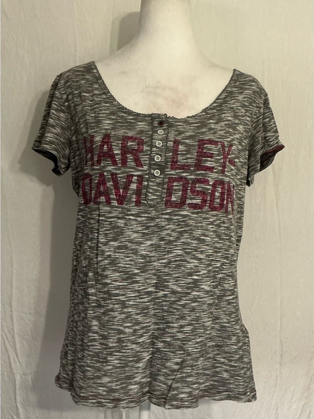 Harley-Davidson Gray Marled Short Sleeve Henley Tee with Burgundy Logo
